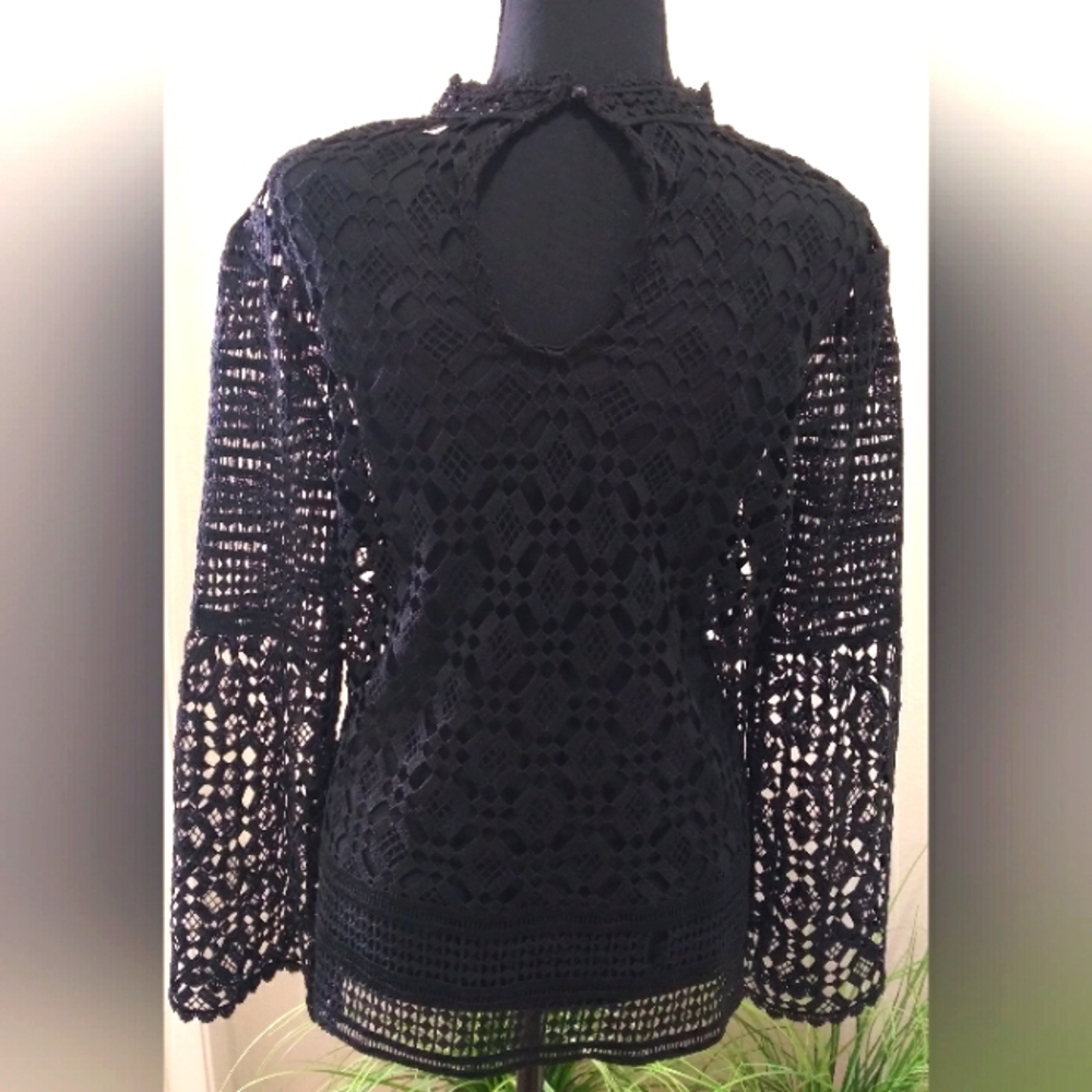Long Sleeve Black See Through Knit Long Sleeve Blouse Women's Size- Large - Picture 2 of 7